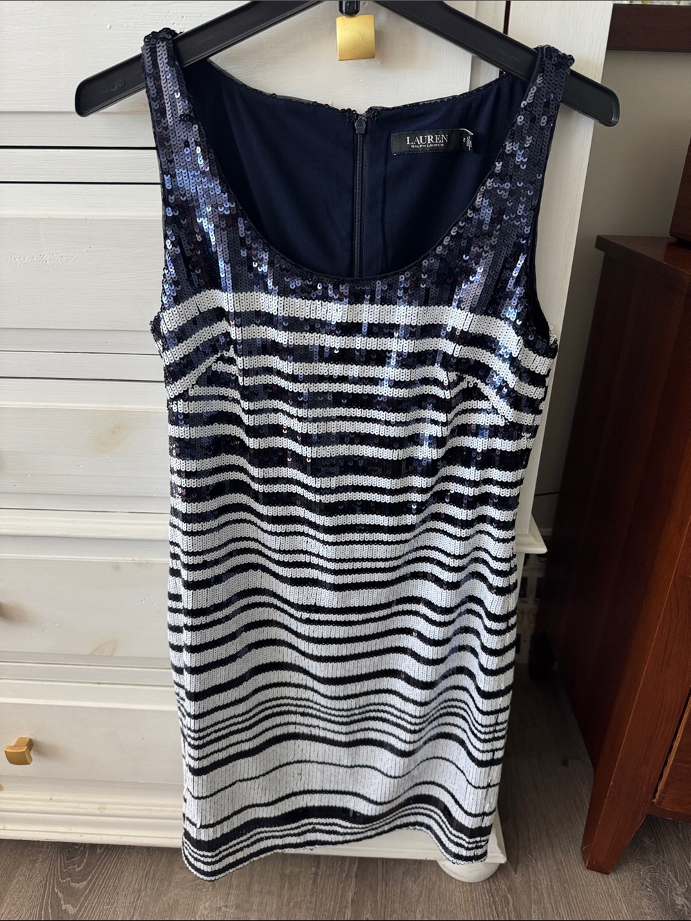 Lauren Ralph Lauren Navy and White Sequin Striped Tank Dress